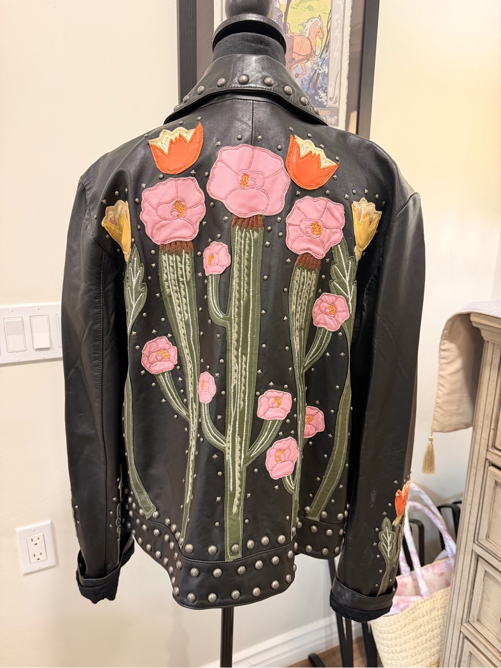 Idyllwind Black Leather Studded Moto Jacket with Pink & Yellow Floral Embroidery - Picture 2 of 5